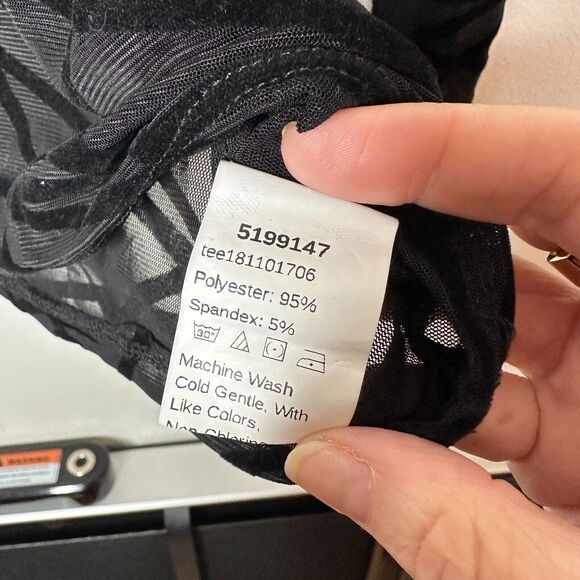 Jet Black Geometric Stripe Sheer Mesh Long Sleeve Mock Neck Stretch Blouse M - Picture 6 of 11